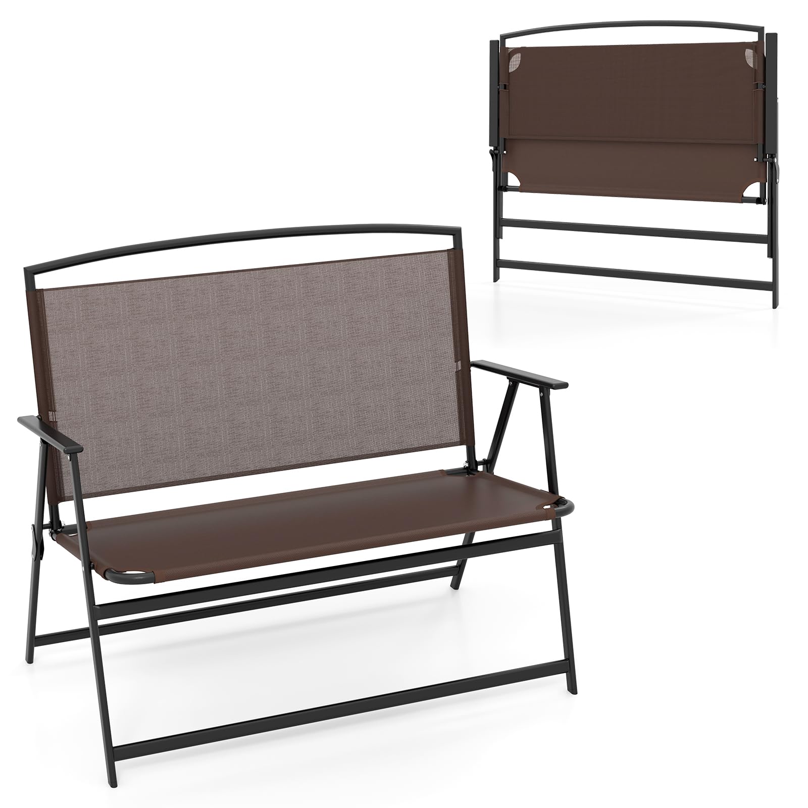 Banc de jardin pliable Tangkula, banc de patio 2 places avec dossier et accoudoirs